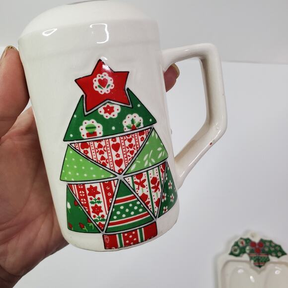 VTG Salt & Pepper Shakers Christmas Stocking Tree Quilted Garden Patch Enesco - Picture 12 of 16